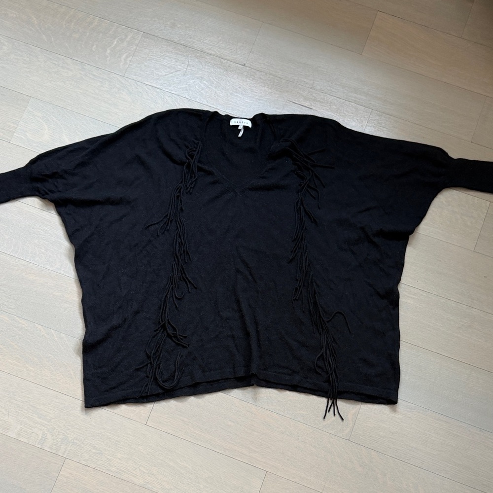 Sandro Black Women's V-Neck Sweater with Fringe